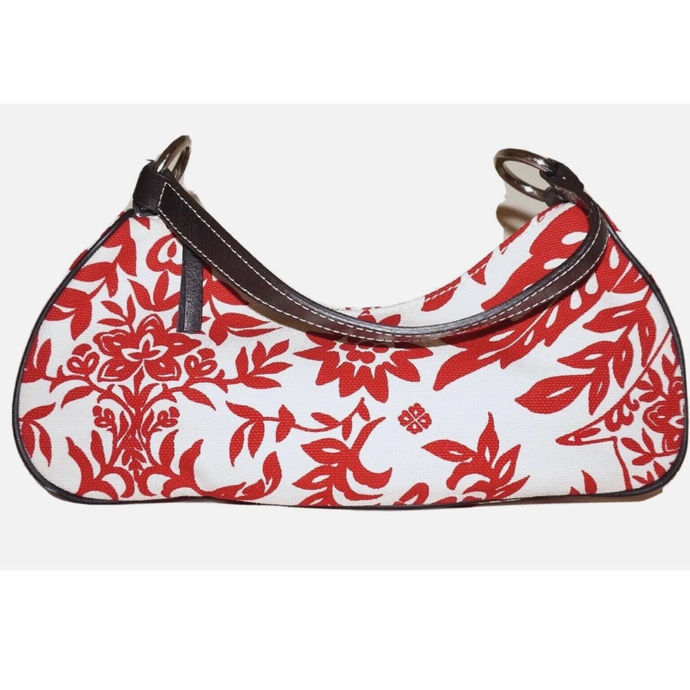 BANANA REPUBLIC Small Ivory & Red Floral Canvas & Brown Leather Shoulder Bag